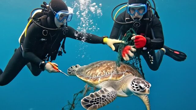 Diver Cutting Ghost Net Off Trapped Sea Turtle Underwater Rescue