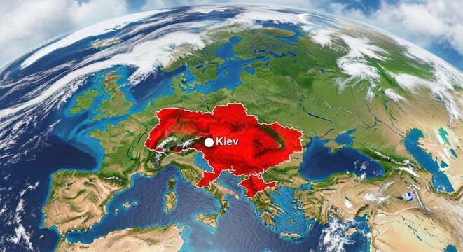 Earth map highlighting Ukraine and Kiev city from space