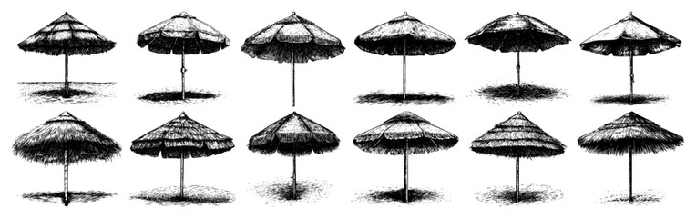 Collection of vintage hand drawn beach straw umbrellas in etching style © Aisha Kudorova