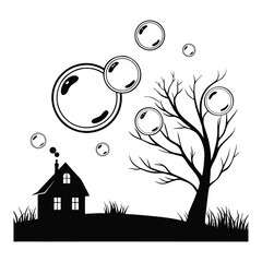 Spooky Haunted House Silhouette with Bubbles and Bare Tree Illustration