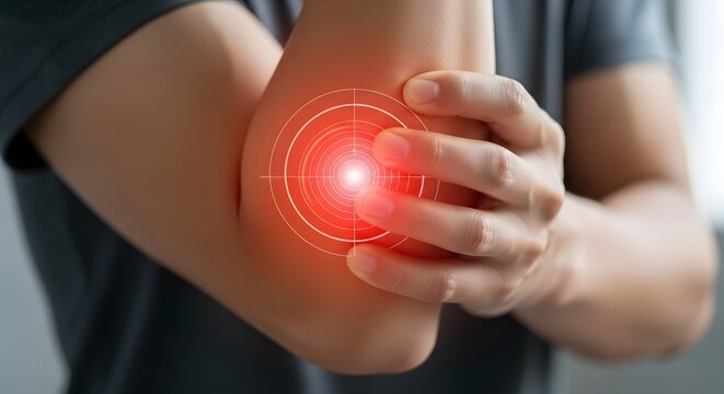 Chronic elbow joint pain and target inflammation spot. Medical diagnostics and pain management. Person touching painful arm with glowing target circles on the joint area