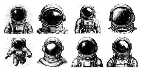 Set of eight vintage hand drawn astronaut helmet portraits in detailed engraving style © Aisha Kudorova