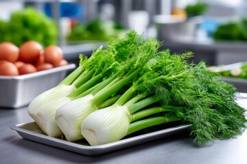 Fresh fennel bulbs on tray in professional kitchen
