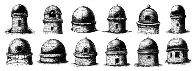 Collection of ancient stone watchtowers and fortress turrets in vintage engraving style © Aisha Kudorova