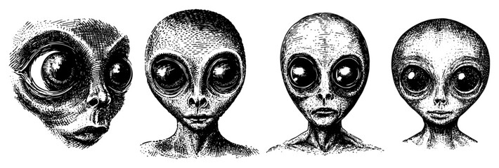 Detailed vintage sketches of alien heads with large eyes in etching style © Aisha Kudorova