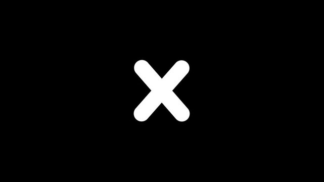 red incorrect wrong answer no entry cross with diagonal strokes and rounded corners animating on and off the screen with plain black background that can be made invisible using screen blend mode