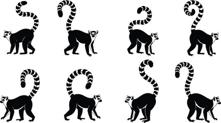 Stylized Black Lemur Silhouette Vector Set Featuring Side Profiles, Curled Striped Tails, and Unique Poses for Wildlife, Nature, and Animal Design Themes © SreeShontusChandra