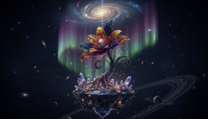 A cosmic scene depicts a fantasy flower atop a floating island, bathed in celestial light