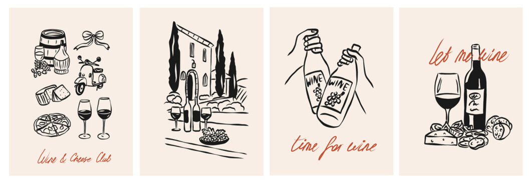 Retro hand drawn wine tasting posters collection