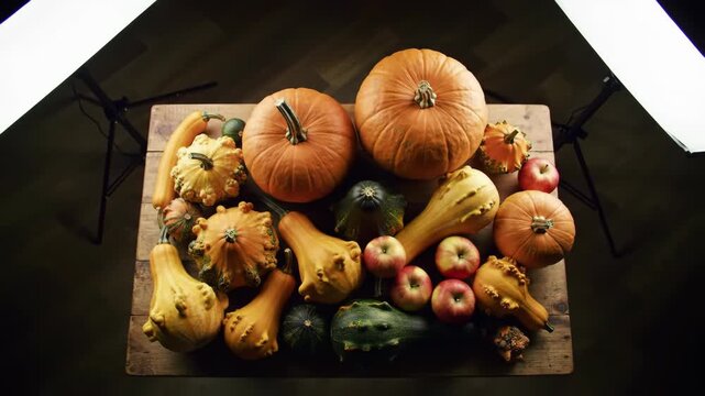 Autumn harvest of pumpkins gourds and s on a rustic table