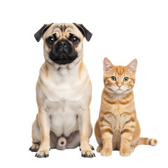Fototapeta premium A cute pug dog and an orange tabby cat sitting side-by-side on transparent background