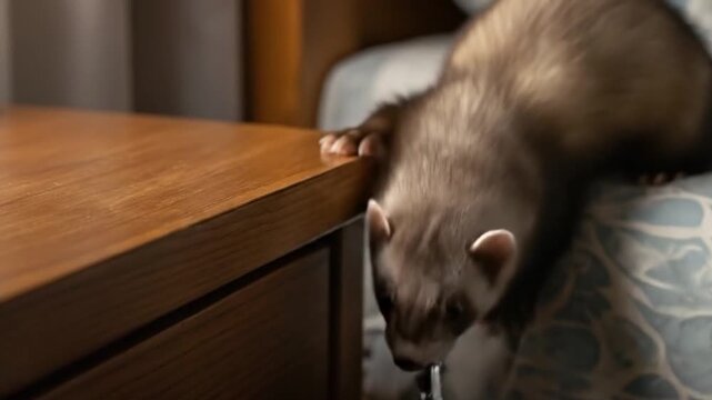Ferret stealing a wristwatch from a nightstand