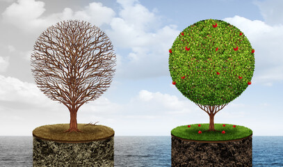 Life And Death concept as a metaphor for health and disease or decay and growth as a healthy tree and a dead plant representing wealth and fortune disparity