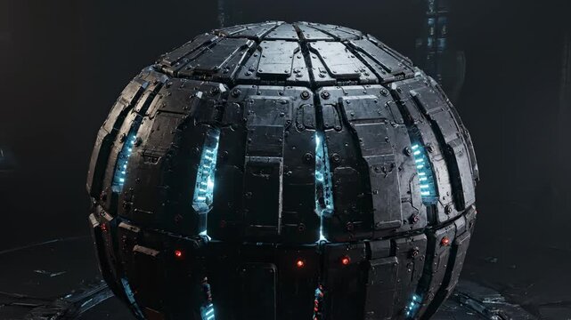 Celestial Sphere: A futuristic orb, its metallic surface segmented with precision, hints at advanced technology and interstellar travel. Illuminated by glowing accents, it sits ready for exploration.