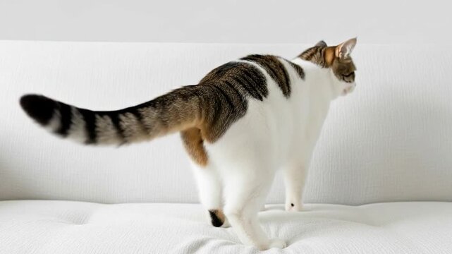 Fluffy cat tail swishing back and forth on a white sofa