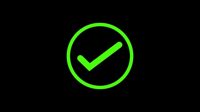  checkmark animation. Yes tick. Correct check mark symbol. Yes sign. Correct vote icon on black background. Animated green tick concept.