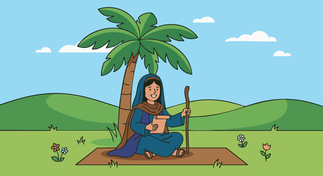 Deborah the Judge
Cartoon style flat vector illustration of Deborah the judge sitting beneath a palm tree, symbolizing wisdom and leadership, gentle smiling expression, simple countryside. Bible