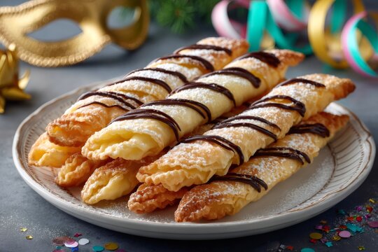 Filled Italian chiacchiere with chocolate at Carnival party