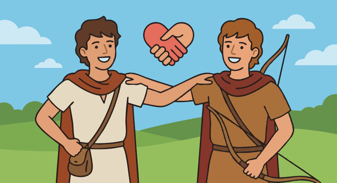 David and Jonathan
Cartoon style flat vector illustration of David and Jonathan, depicting the two friends standing together with arms around each other&rsquo;s shoulders, symbols of friendship. Bible
