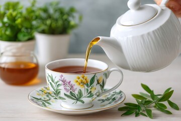 Fototapeta premium Pouring hot tea into a floral teacup