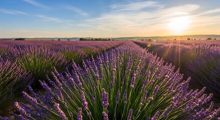 Golden hour glow over a vibrant lavender field in full bloom under a serene sky