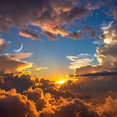 Sunset view from above, with moon, clouds ablaze, and a warm glow