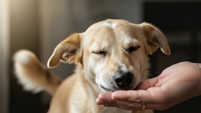 Frightened dog takes treat from man's hand