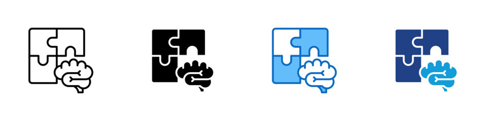 Cognitive Process Multiple Style Icon Design Vector - Puzzle blocks with brain symbol, representing problem solving, cognition, and mental processing