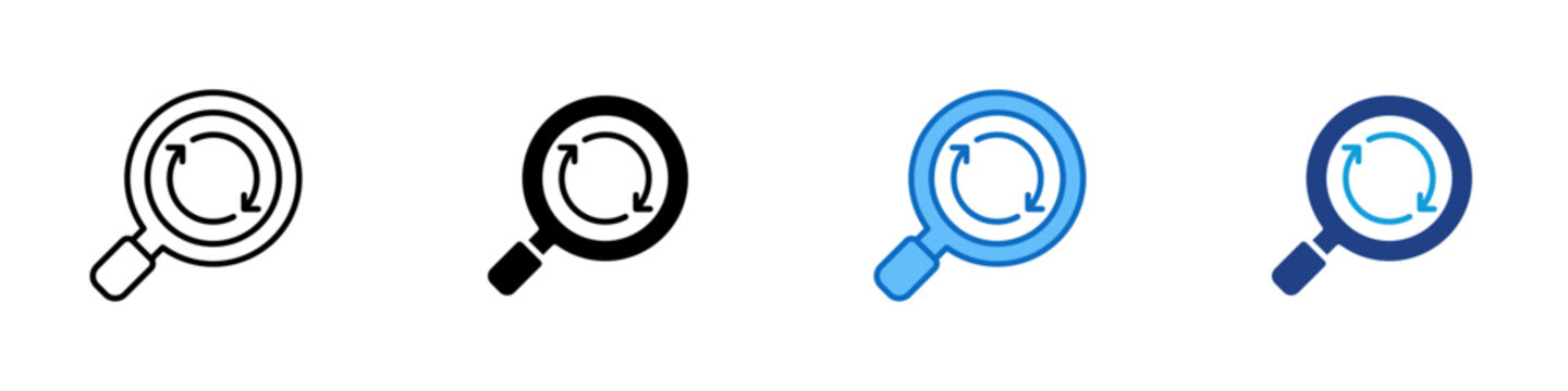 Iteration Review Multiple Style Icon Design Vector - Magnifying glass with circular arrows, representing evaluation, continuous improvement, and feedback loop