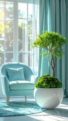 Bright, airy interior with armchair, plant, curtain, and sunlit window