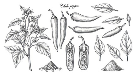 Hand drawn chili pepper botanical illustration on white background