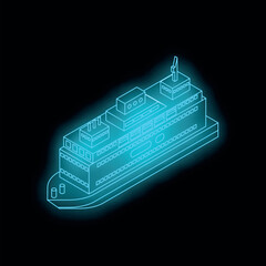 Isometric glowing neon blue ferry boat isolated on a black background, concept of sea transportation