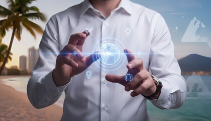 Businessman interacting with futuristic global network interface on tropical beach
