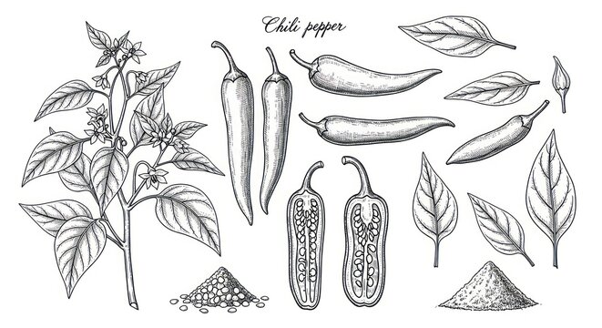 Hand drawn chili pepper botanical illustration on white background