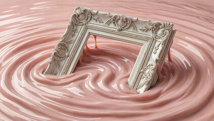 Ornate white frame submerged in flowing pink frosting, creative dessert concept