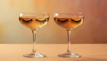 Two glasses of champagne with long false eyelashes resting across the rims, beauty and celebration concept