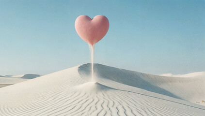Pink heart shaped like an hourglass with sand flowing through representing love and time concept