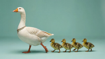White goose leading four goslings against a teal backdrop, family and nurturing concept