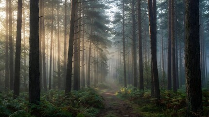 Fototapeta premium Ethereal Sunbeams Piercing Through Misty Pine Forest at Sunrise, Path through Enchanted Foggy Woods with Morning Light