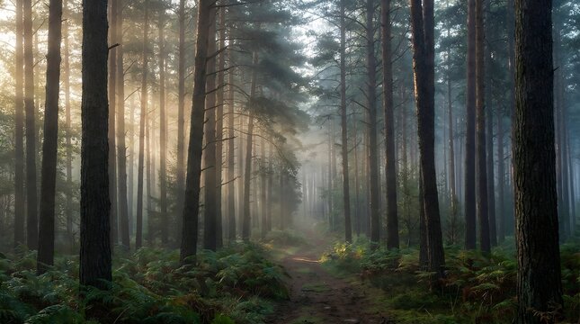 Ethereal Sunbeams Piercing Through Misty Pine Forest at Sunrise, Path through Enchanted Foggy Woods with Morning Light