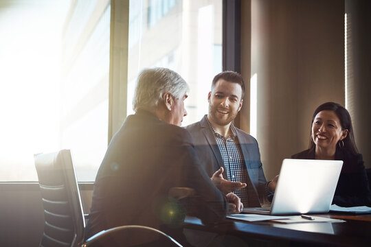 Business, people or meeting with laptop in office for case preparation, trial feedback or planning. Flare, lawyer team or discussion with tech at law firm for risk mitigation or lawsuit status update