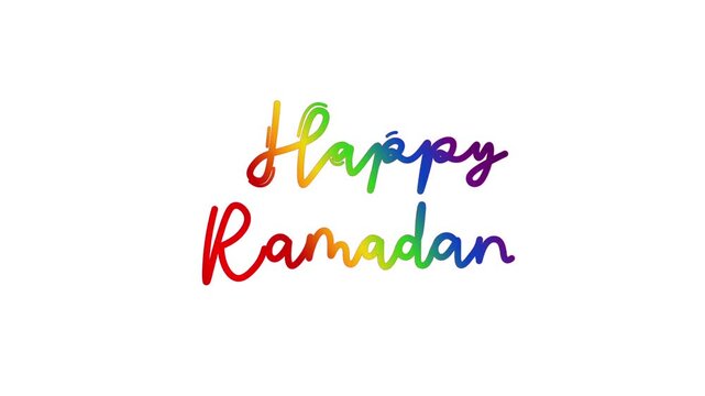 Happy ramadan One line continuous animated typography intro outro animation video, hand drawn calligraphy monoline lettering vintage text on background single line art rainbow type on white bg backdro