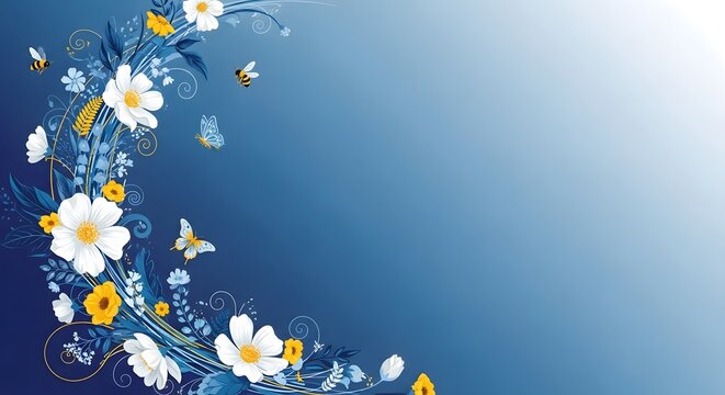 Floral pattern with white and yellow flowers on blue background