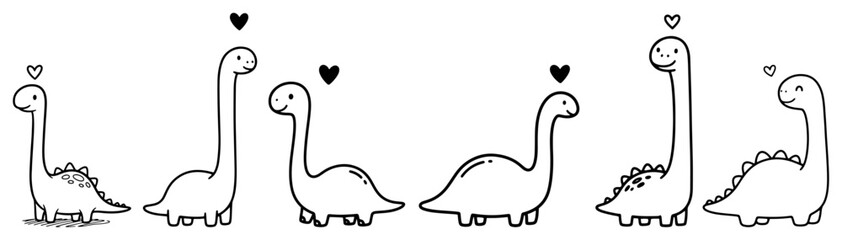 Cute cartoon dinosaurs with hearts in simple line art style © Aisha Kudorova