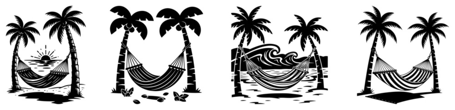 Silhouette set of hammock between palm trees on tropical summer beach