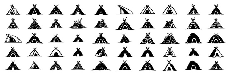 large collection of camping tent silhouettes and outdoor shelter symbols © Aisha Kudorova