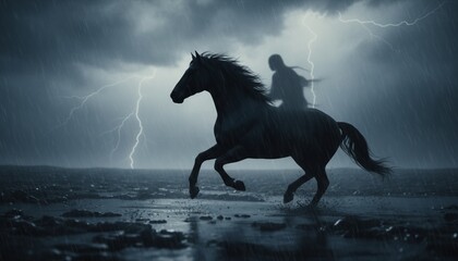 Obraz premium Silhouetted rider gallops across a rain-swept plain under a dramatic lightning storm