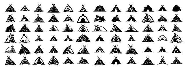 Large collection of black camping tent silhouettes and teepee icons © Aisha Kudorova
