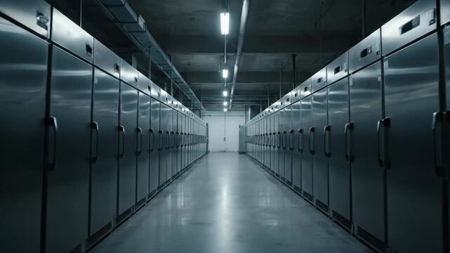 Long corridor with rows of refrigerators