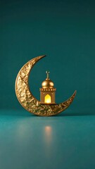 Gold crescent moon with a mosque inside on a teal background